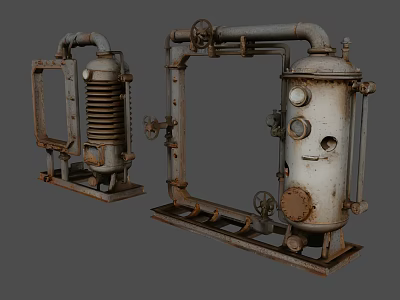 Vintage Industrial Equipment With Metal Pipes Valves and Pressure Gauges Two Rusted Units 3d model