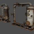 Vintage Industrial Equipment With Metal Pipes Valves and Pressure Gauges Two Rusted Units