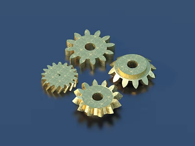 Four Detailed Shiny Golden Gears On Blue Background With Metallic Finish 3d model