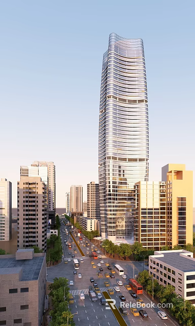 Modern Urban Skyscraper With Glass Facade Among Surrounding City Buildings 3d model 