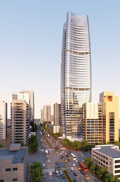 Modern Urban Skyscraper With Glass Facade Among Surrounding City Buildings 3d model