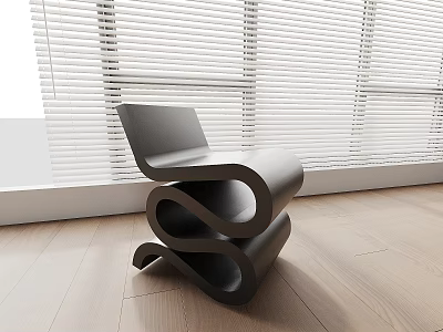 Black Single Chair With Unique Spiral Design Against White Blinds And Wooden Floor 3d model