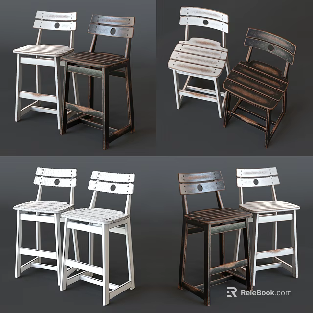 Stylish Wooden Bar Stools With Slatted Seats And Backrests In Various White Dark Designs 3d model 