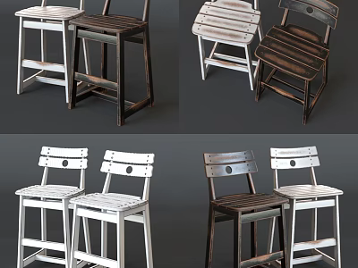 Stylish Wooden Bar Stools With Slatted Seats And Backrests In Various White Dark Designs 3d model