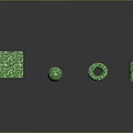 Green Textured Geometric Shapes Arrangement With Square Sphere Ring And Cylinder on Reflective Dark Surface