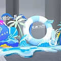Vibrant Summer Stage Featuring Palm Trees Waves and Inflatable Ring for Cool Atmosphere