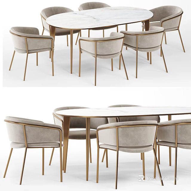 Round Modern Dining Table Set With Beige Upholstered Chairs And Gold Metal Frame 3d model 