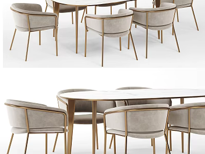 Round Modern Dining Table Set With Beige Upholstered Chairs And Gold Metal Frame 3d model