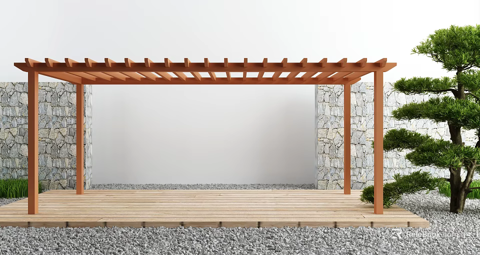 Wooden Pergola Outdoor Space with Stone Wall Wooden Deck Green Plants and Gravel Ground 3d model 