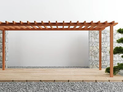 Wooden Pergola Outdoor Space with Stone Wall Wooden Deck Green Plants and Gravel Ground 3d model
