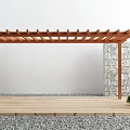 Wooden Pergola Outdoor Space with Stone Wall Wooden Deck Green Plants and Gravel Ground