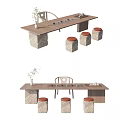 Modern Simple Tea Table And Stools With Wooden Top Stone Base And Tea Set Decorations 3d model