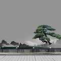 Miniature Garden Ornament Featuring Bonsai Pine Tree with Rock Formations Mist and Stone Pavement Railing