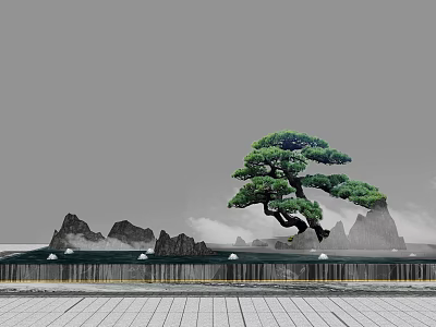 Miniature Garden Ornament Featuring Bonsai Pine Tree with Rock Formations Mist and Stone Pavement Railing 3d model
