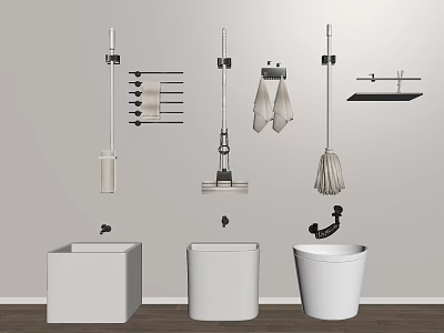 White Bathroom Fixtures With Wall Mounted Towel Racks And Cleaning Tools 3d model