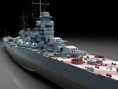 Military Battleship With Gray Hull Red Main Deck Multiple Turrets Large Guns And Detailed Design 3d model
