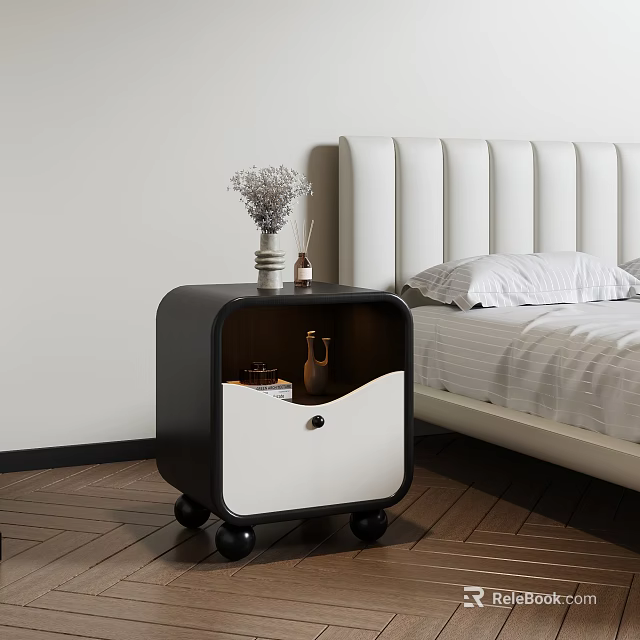 Double Bed With White Upholstered Headboard And Black White Nightstand In Bedroom 3d model 