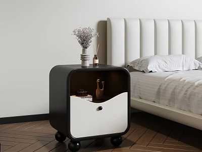 Double Bed With White Upholstered Headboard And Black White Nightstand In Bedroom 3d model