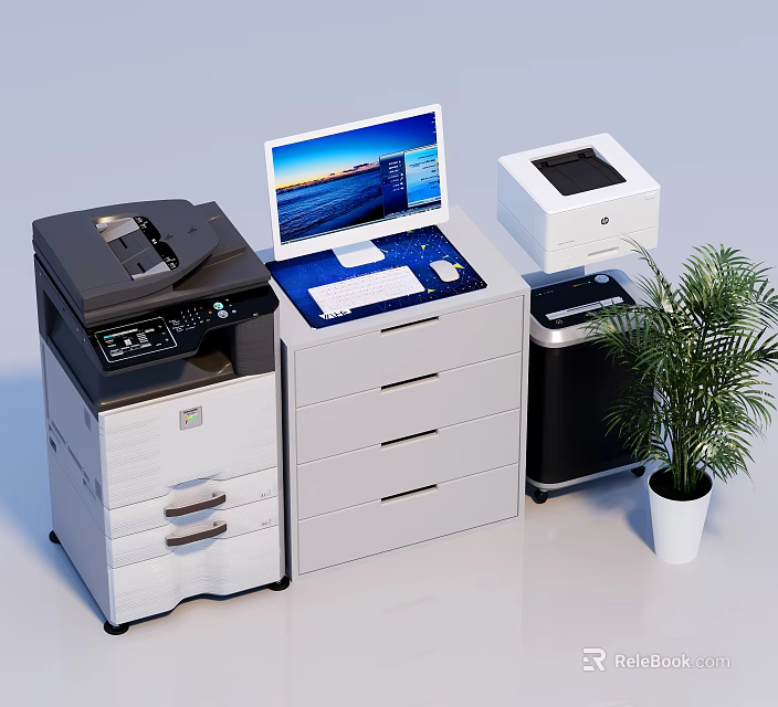 Modern Computer Workstation Setup With Monitor Multifunction Printer Filing Cabinet Shredder And Potted Plant 3d model 