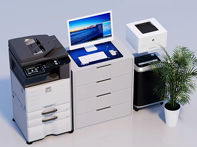 Modern Computer Workstation Setup With Monitor Multifunction Printer Filing Cabinet Shredder And Potted Plant 3d model