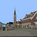 Scenic Commercial Street With Red Brick Buildings Steeple Clock Tower Outdoor Seating And Umbrellas