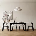 Modern Dining Table Set With White Oval Table Black Chairs White Cushions And Decorative Painting