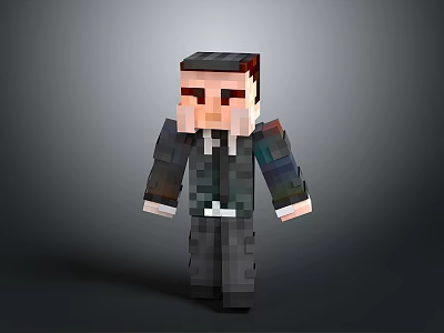 Minecraft Style Pixel Train Character In Suit Standing On Gray Background 3d model