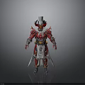 Creature Inspired Warrior Character In Red Armor With Horns And Swords