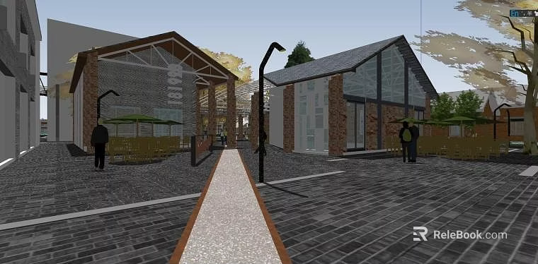 Modern Office Building Exterior With Brick Glass Facade Walkway And Greenery 3d model 