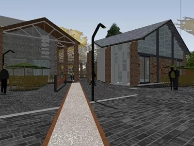 Modern Office Building Exterior With Brick Glass Facade Walkway And Greenery 3d model