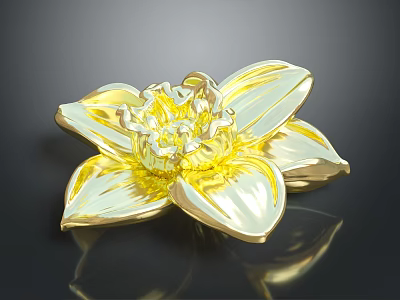 Golden Flower With Metallic Petals Detailed Stamen On Dark Background With Reflection 3d model