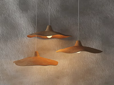 Three Wavy Natural Brown Handcrafted Fabric Pendant Lights With Warm Glow Against Gray Textured Wall 3d model