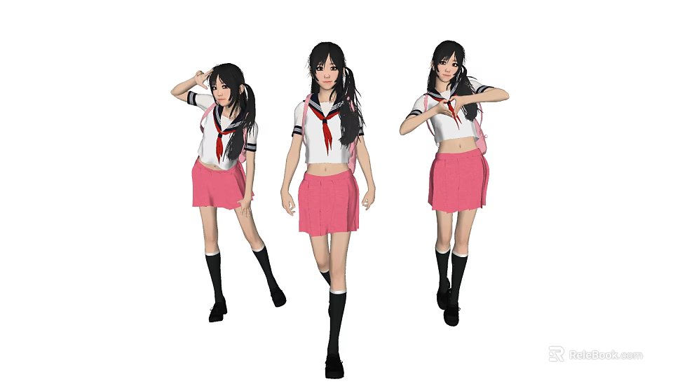 Women in School Uniforms With White Tops Red Ties Pink Skirts Black Socks and Different Poses 3d model 