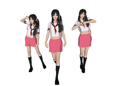 Women in School Uniforms With White Tops Red Ties Pink Skirts Black Socks and Different Poses 3d model