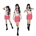 Women in School Uniforms With White Tops Red Ties Pink Skirts Black Socks and Different Poses