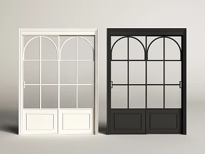 Classic White And Black Sliding Doors With Double Panel Arched Top And Glass Panels 3d model
