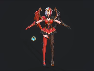 Game Movie Character With Red Black Dress Red Wings Black Lace Stockings And Blue Gem 3d model