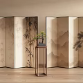 Oriental Room Divider With Bamboo Mountain Pine Tree Design And Bonsai Plant On Wooden Stand
