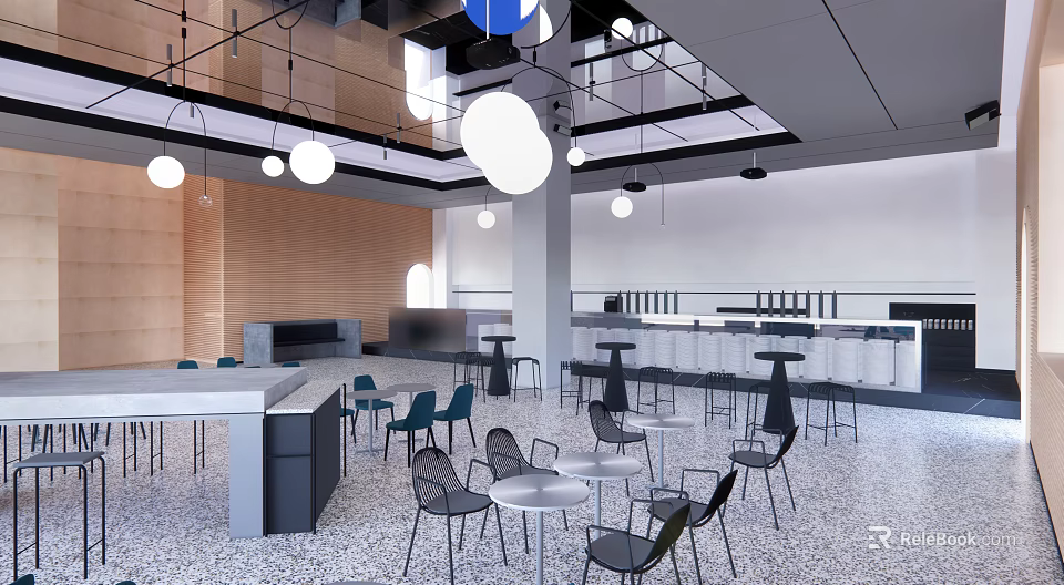 Modern Restaurant Interior Design With Open Layout Pendant Lights Dining Tables And Chairs 3d model 