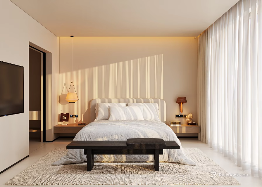 Modern Hotel Guest Room Interior With Comfortable Bed White Sheets Bedside Lamps And Natural Light 3d model 