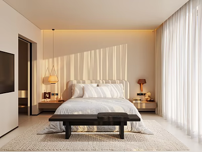 Modern Hotel Guest Room Interior With Comfortable Bed White Sheets Bedside Lamps And Natural Light 3d model