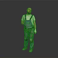 Man in Blue Overalls White T-shirt With Tool Belt Knee Pads and Gray Background