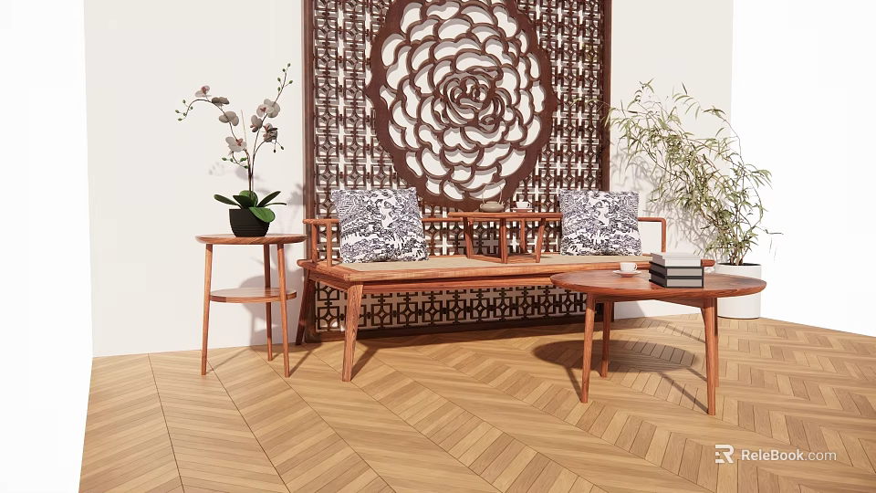 Natural Living Room with Wooden Furniture Carved Screen Patterned Cushions Herringbone Flooring and Green Plants 3d model 