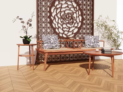 Natural Living Room with Wooden Furniture Carved Screen Patterned Cushions Herringbone Flooring and Green Plants 3d model