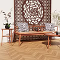Natural Living Room with Wooden Furniture Carved Screen Patterned Cushions Herringbone Flooring and Green Plants