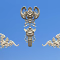 Ornate Carving Design With Central Decorative Motif And Bat Shaped Side Elements On Blue Background