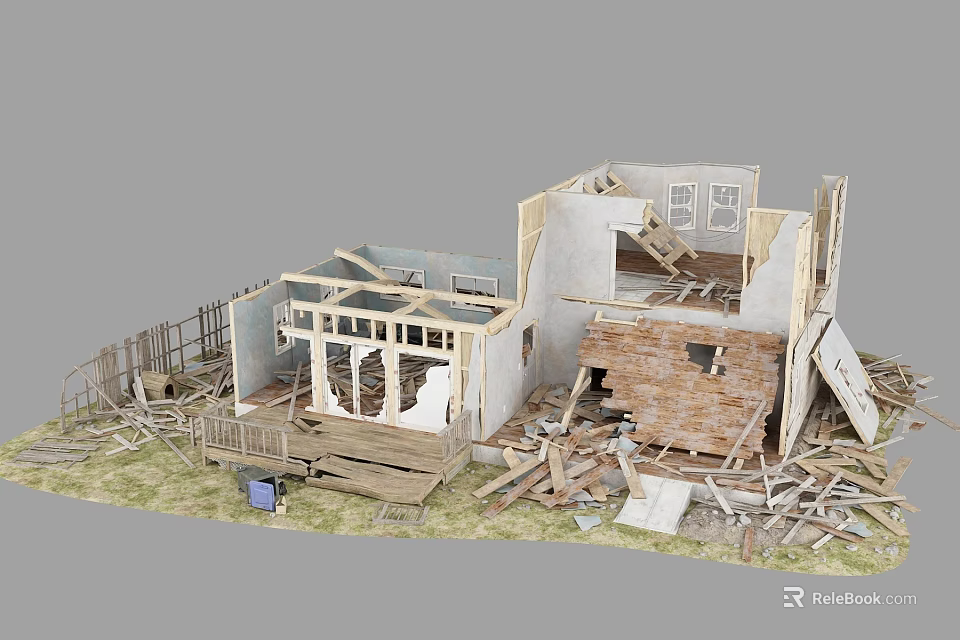 Collapsed House Model With Wooden Structure Debris Damaged Walls And Wreckage 3d model 