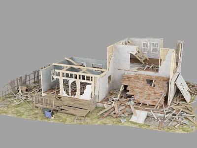 Collapsed House Model With Wooden Structure Debris Damaged Walls And Wreckage 3d model