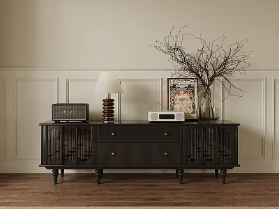 Classic Black TV Stand With Drawers Decorative Lamp And Neutral Wall 3d model