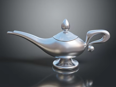 Shiny Silver Aladdin Lamp With Decorative Lid Spout Handle And Metallic Base 3d model